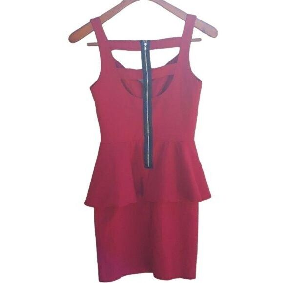 Vtg 80's Dress Edgy Bodycon Peplum Strappy Cutout Back Exposed Zipper Red Sz 7 - Picture 2 of 8